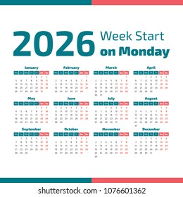 Simple 2026 year calendar, week starts on Monday