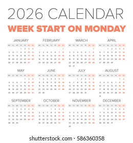 Simple 2026 year calendar, week starts on Monday