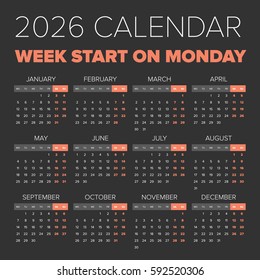 Simple 2026 year calendar week starts on Monday