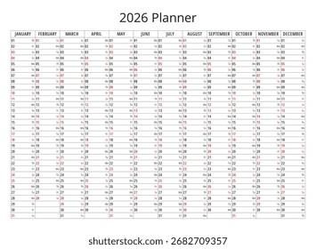 Einfaches Jahr 2026 Planer Kalender mit Notizen. englische Vektorgrafik