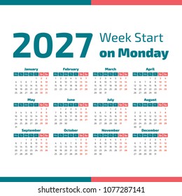 Simple 2027 year calendar, week starts on Monday