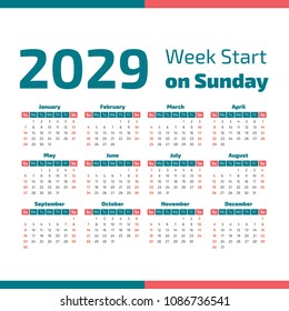 Simple 2029 year calendar, week starts on sunday
