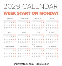 Simple 2029 year calendar, week starts on Monday
