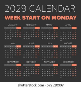 Simple 2029 year calendar week starts on Monday