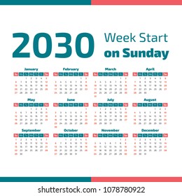Simple 2030 year calendar, week starts on Sunday