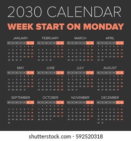Simple 2030 year calendar week starts on Monday