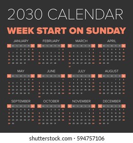 Simple 2030 year calendar, week starts on Sunday