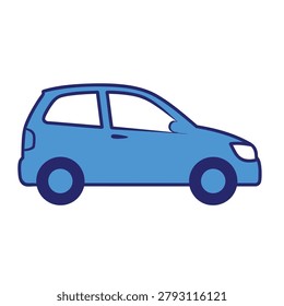 A simple 2D illustration of a blue subcompact car from a side profile view, featuring dark blue accents and wheels.