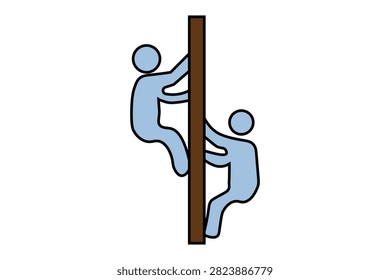 A simple 2D vector cartoon illustration depicting two stylized, featureless light blue human figures climbing a tall vertical dark brown wooden pole, set against a plain white background.