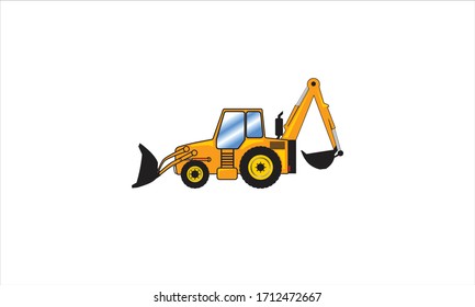 simple 2D Yellow building wheel frontal loader, backhoe view from side isolated on white background. Digger Construction, heavy equipment, machinery and mining vehicle vector logo icon template.
