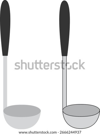 A simple 2-piece ladle illustration set. One uses solid fill and the other includes outlines. Ideal for kitchen-themed icons, cooking visuals, or food-related materials.