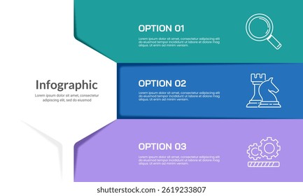 Einfache Präsentationsfolie mit 3 Optionen für Infografiken. Banner, Broschüre, Plan und Strategie. Vektorgrafik.