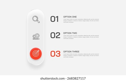 Plantilla de infografía de morfismo de vidrio simple de 3 pasos con iconos para el proceso comercial y el establecimiento de objetivos. Ilustración vectorial.