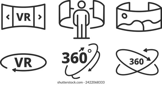 Simple 360 ​​degree image and video related vector line icons set. Contains such icons as 360 degree view, panorama, rotation arrow and more.