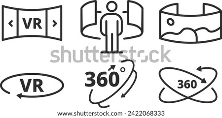 Simple 360 ​​degree image and video related vector line icons set. Contains such icons as 360 degree view, panorama, rotation arrow and more.