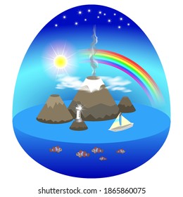 Simple 3D bright seascape. Mountains, clouds, lighthouse, volcano with smoke. Rainbow and sun. Marine fauna. Starry sky. EPS10