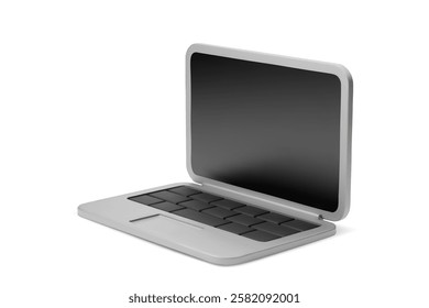 Simple 3d cartoon silver opened laptop with black keyboard on white backdrop. Design element for concepts of it tech, digital business, remote work or online education. Vector illustration 3d render.