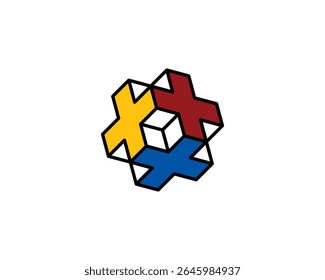 Simples 3d colorido e em escala de cinza isométrica X ou Plus + Sing cubo Logo Design