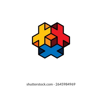 Einfaches 3D-Logo in Farbe und Graustufen Isometrisch X oder Plus + Sing Cube