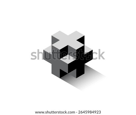 Simple 3d Colorful and Grayscale Isometric X or Plus + Sing Cube Logo Design
