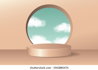 Simple 3d display podium decoration in pink background with a round window to the clouds in the sky. Product presentation, show cosmetic product, Podium, base, display, stage.