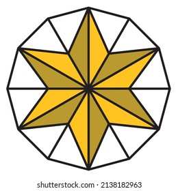 A simple 3d effect geometric 6-sided star shape in yellow colors within the outline of a dodecagon, vector illustration