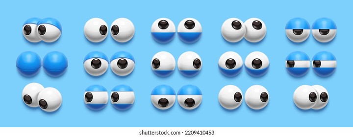 Sencillos ojos 3D. Caricatura de ojos con párpados, mirar hacia adelante y hacia los lados. Conjunto gráfico de expresiones faciales