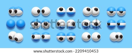 Simple 3D eyes. Cartoon eyeballs with eyelids, look forward and to sides. Facial expression graphic set