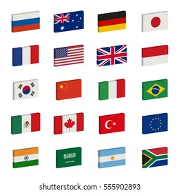 Simple 3d flags icons of the G20 countries. Group of Twenty