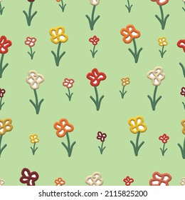 Flores tridimensionales simples en el tapiz de la pradera, fondo de flores coloridas, fondo de la temporada de primavera, arte dibujado a mano, iluminación botánica, patrón sin problemas de estilo infantil