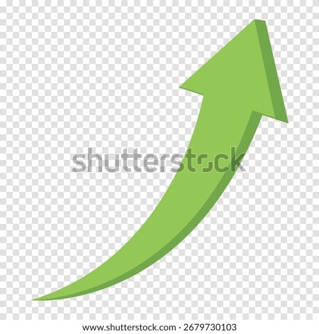 A simple 3D green arrow curving upwards.  dynamic vector icon symbolizes growth, success, and a positive trend. Isolated on a transparent background,vector
