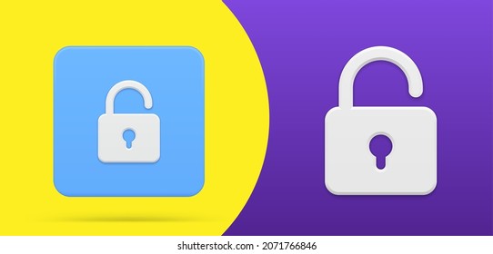 Simple 3d icon open hanged lock button and emblem set at yellow purple background vector illustration. Symbol emblem of unblock privacy safety protection secure strong system. Secret padlock