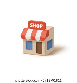 Simples ícone 3D de uma loja que constrói em um fundo branco. Para conceitos de negócios, varejo e vendas. Comércio comercial, restaurantes e cafés. Ilustração vetorial.