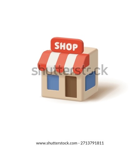 Simple 3D icon of a shop building on a white background. For business, retail, sales concepts. Business commerce, restaurants and cafes. Vector illustration.