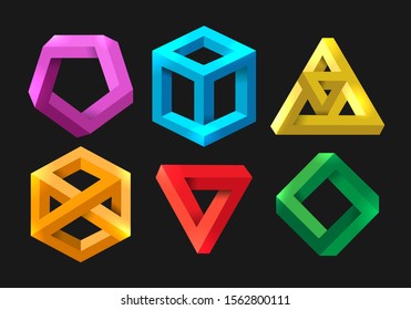 Simple 3d impossible shapes. Abstract infinity illusions geometry, visual paradox triangle and hexagon shape loop objects for logo