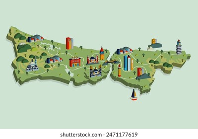 simple 3d isometric istanbul map design, Istanbul is a city in Türkiye located on two continents, Europe and Asia, separated by the Bosphorus Strait.