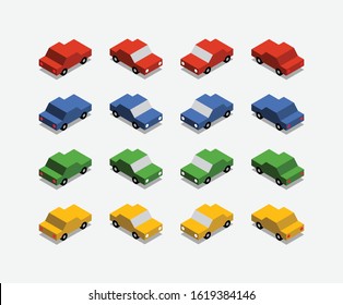 Simple 3D isometric vector car set in four colors and views.