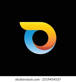 A simple 3D logo of letter o in lowercase in orange and blue gradient color on a black background that looks like Donald Trump with orange toupee