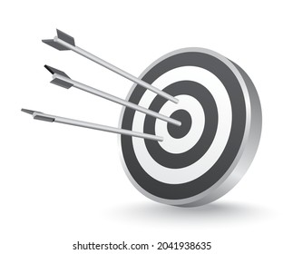 Simple 3d minimalistic illustration with arrows and a target. A three-shot archery target. One of the arrows pierced right into the bull's-eye. Vector grayscale illustration.