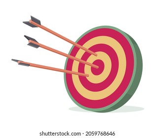 Simple 3d minimalistic illustration with arrows and a target. A three-shot archery target. One of the arrows pierced right into the bull's-eye. Vector illustration in a flat style.