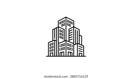Simple 3D monoline icon representing a cluster of modern skyscrapers, symbolizing urban architecture and cityscapes. Clean design on a white background.