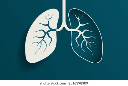 Simple 3D Paper Cut out Illustration of the human lungs. Left lung popped out above surface with shadow, right lung hollowed into background with floating lung bronchus. No text with copy space.