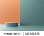 Simple 3D podium with a cylindrical base stands on a floor next to a blank wall. Vector illustration