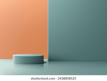 Simple 3D podium with a cylindrical base stands on a floor next to a blank wall. Vector illustration