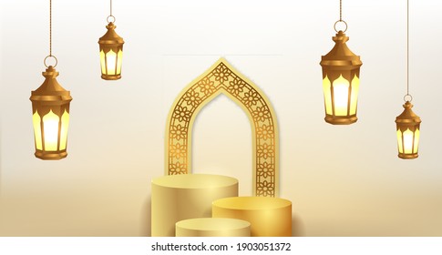 Simple 3d podium pedestal stage with arabian hanging lantern and mosque door decoration for ramadan islamic event