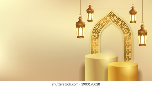 Simple 3d Podium Pedestal Stage With Arabian Hanging Lantern And Mosque Door Decoration For Ramadan Islamic Event