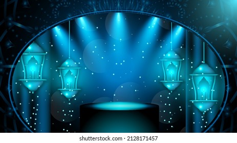 Simple 3d podium pedestal stage with arabian hanging lantern and mosque door decoration for ramadan islamic event