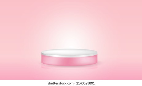 Einfaches 3D-Podium mit rosafarbenem Hintergrund. Weiße Bühne für die Produktpräsentation auf einem Banner. Weiche Beleuchtung auf einem minimalen Szenebezirk. Verleihplattform-Mock-up