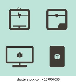 Simple 3D Printing Icons Set in Grays on a Blue Background with Printer, Computer Monitor and Cube Project. Vector Illustration