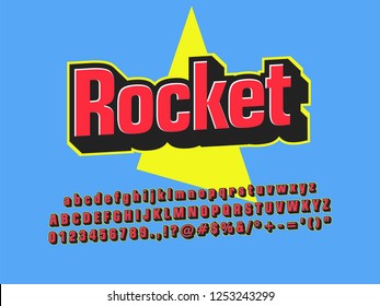 simple 3d retro blue font design, semi 3d blue red yellow rocket alphabet template, letter number uppercase and symbol